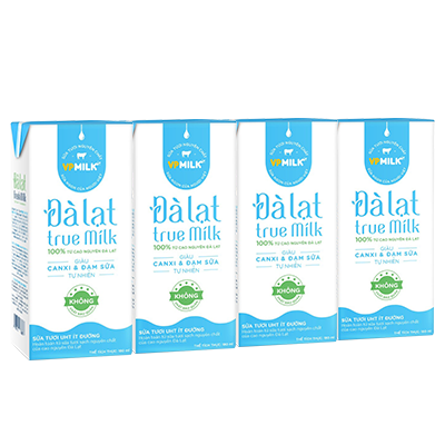Lốc 4 hộp sữa tươi tiệt trùng UHT Đà Lạt True Milk ít đường 180ml