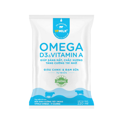 Sữa tiệt trùng VP Milk Omega ít  đường 220ml